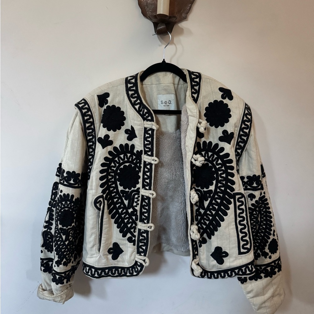 Sea Black and Cream Embroidered
Bomber Jacket